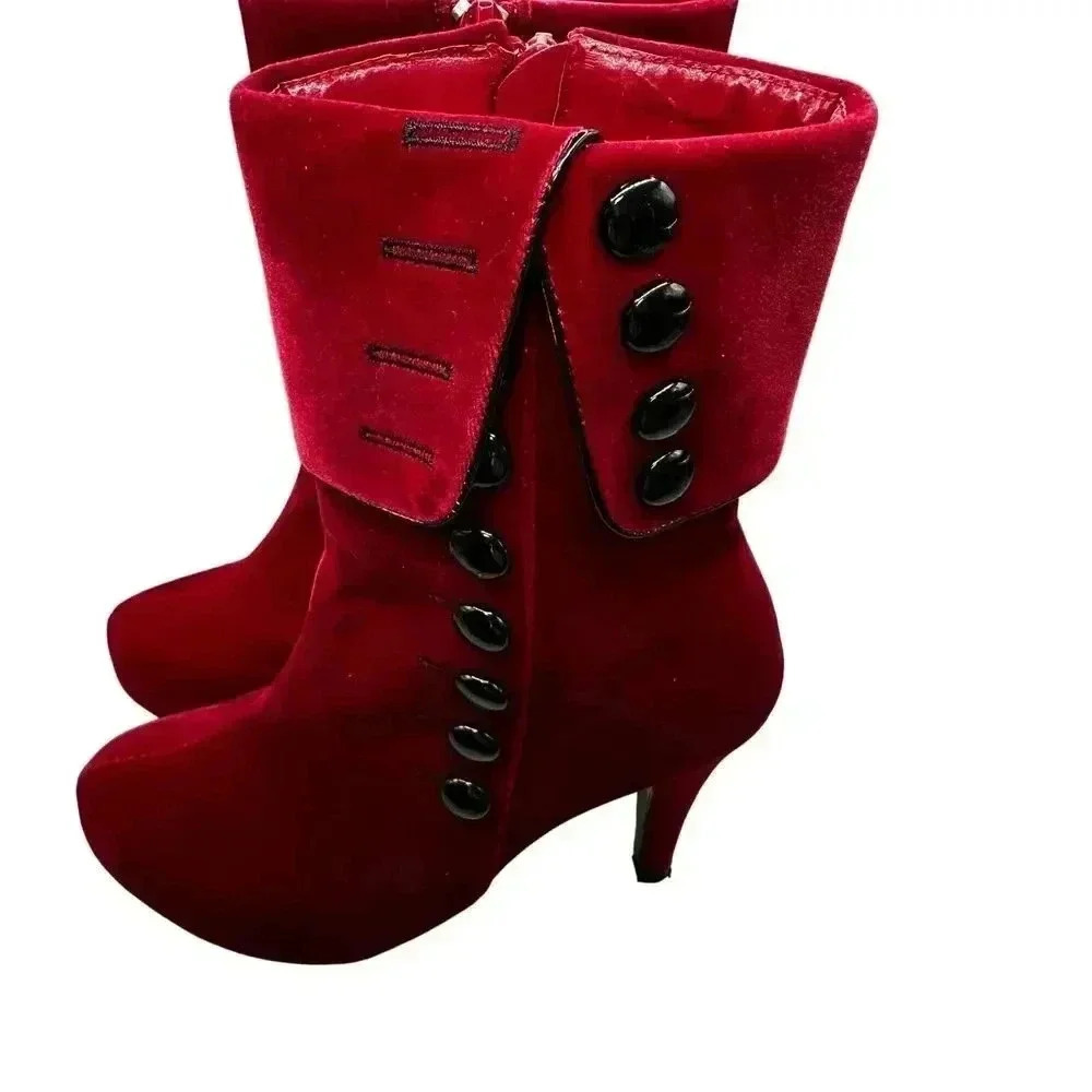 Red Velvet Victorian Inspired Platform Booties Button Accent Stiletto Heel - Picture 8 of 16